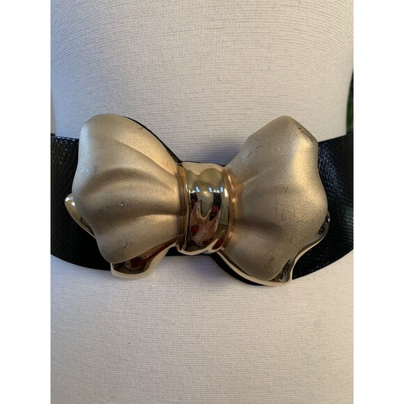 Judith Leiber Black Snakeskin Wide Belt Expandable Gold Bow Buckle Rare main image 5